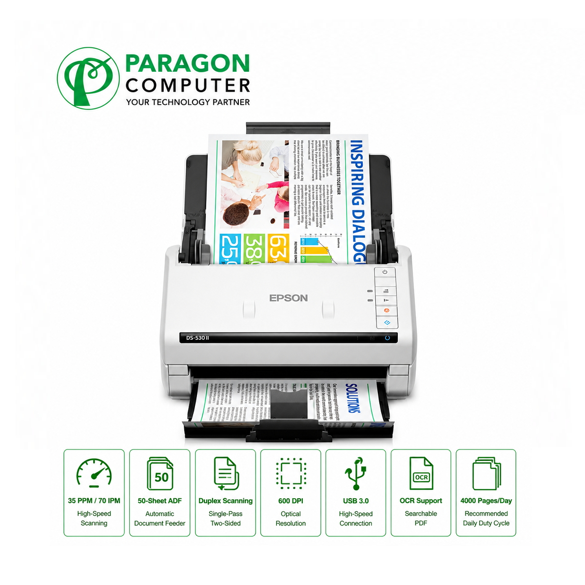 Epson DS-530 II Color Duplex Document Scanner Front View Specification Paragon Computer