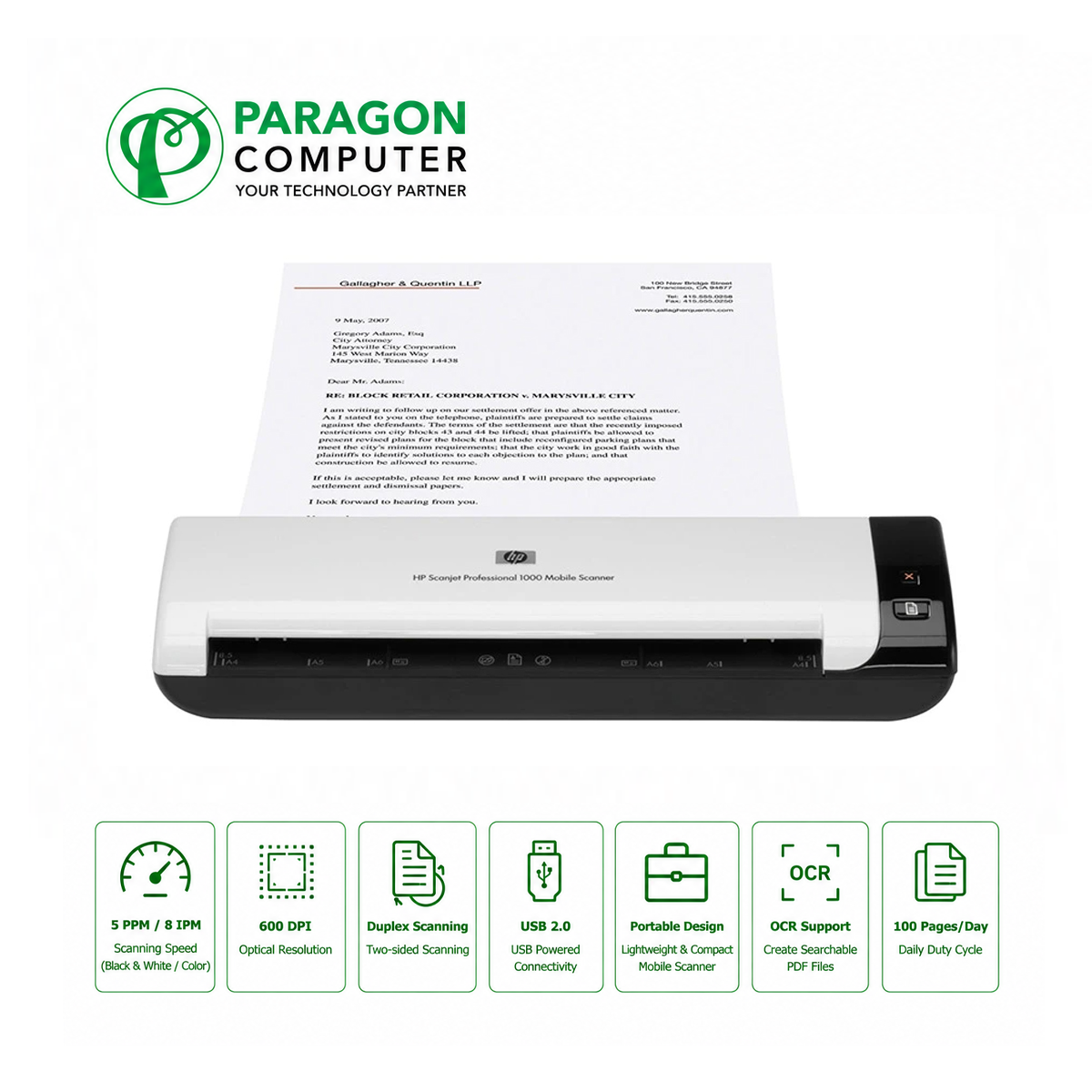 HP Scanjet Professional 1000 Mobile Scanner Front View Specification BD Paragon Computer