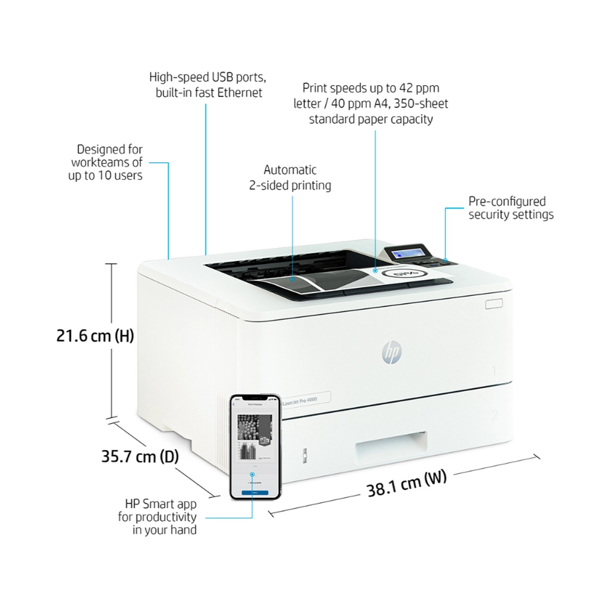 HP Laser Jet Pro 4002dn Single Function Printer Desk View