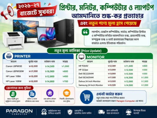 ২০২৬-২৭ বাজেটে প্রিন্টার, মনিটর, ল্যাপটপ ও কম্পিউটার আমদানিতে শুল্ক-কর প্রত্যাহারের প্রস্তাব